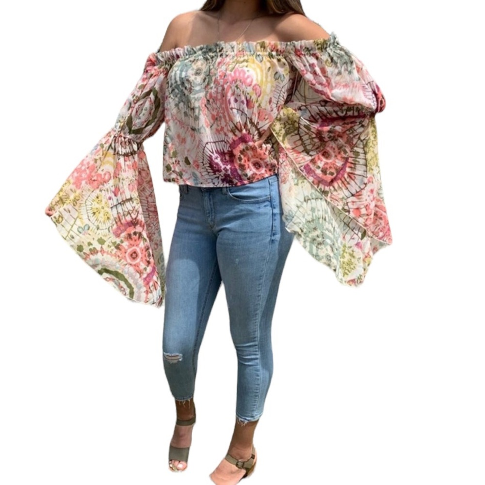 NWT Live 4 Truth Floral Boho Hippie Bell Sleeves Cropped Off Shoulder Flowy XS - Picture 1 of 15